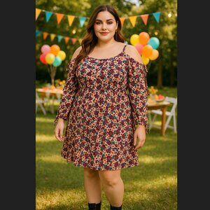 Torrid Skater Dress Plus 2X 18 20 Pink Floral Gauze Cold Shoulder Tie Sleeve NWT